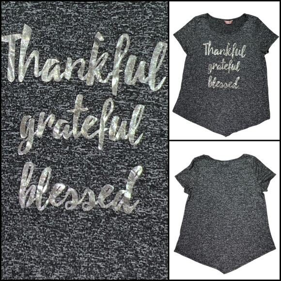 SJS Marled Black Gray Scoop T-Shirt Thankful Grateful Blessed Silver Metallic Lg - Picture 3 of 8